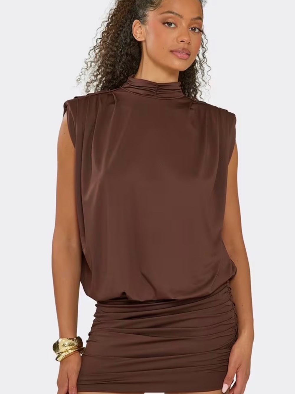 EGO Sleeveless Mock Neck Satin Mini Dress in Brown